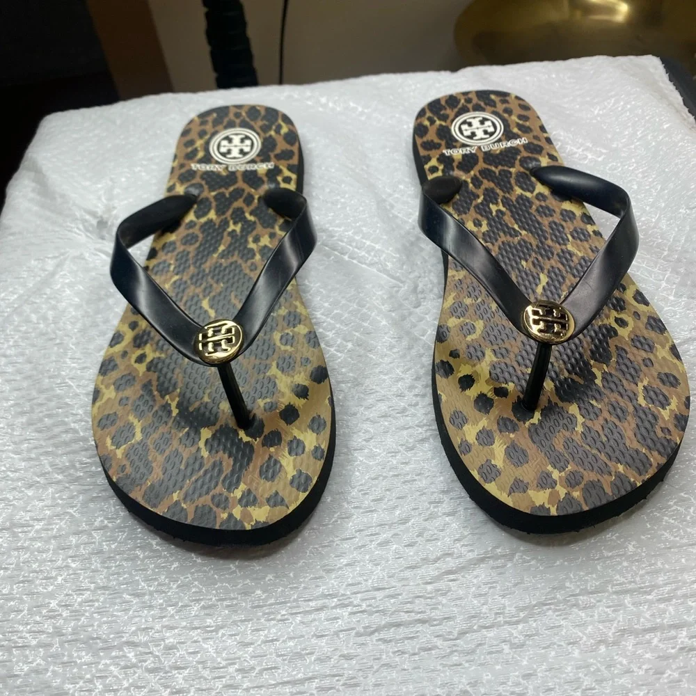 Tory Burch Leopard-Print Flip Flops with Black Straps and Gold Logo